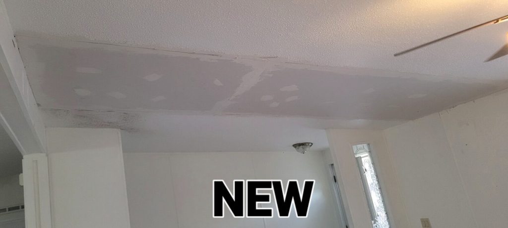 Finished ceiling patched flush with the surrounding texture, ready for paint.